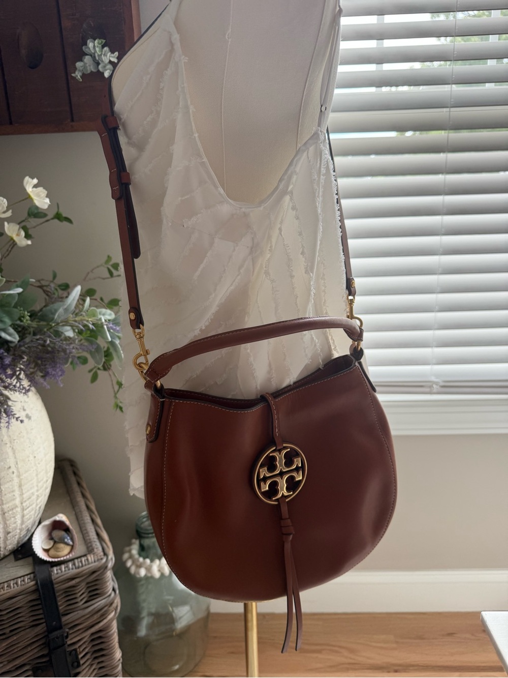 Tory Burch Brown Leather Crossbody Hobo with Logo Medallion